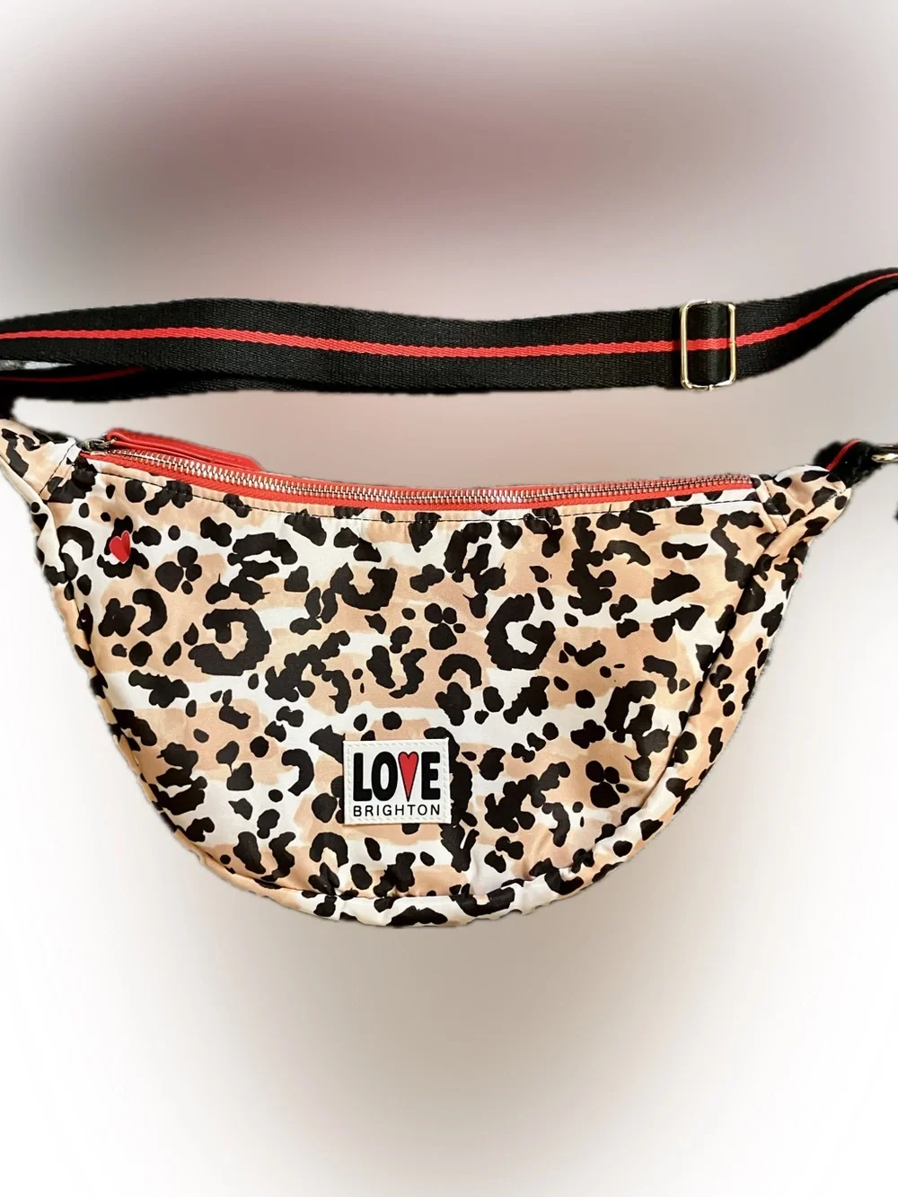 Brighton Love Crossbody Bag in Leopard Print with Black and Red Trim